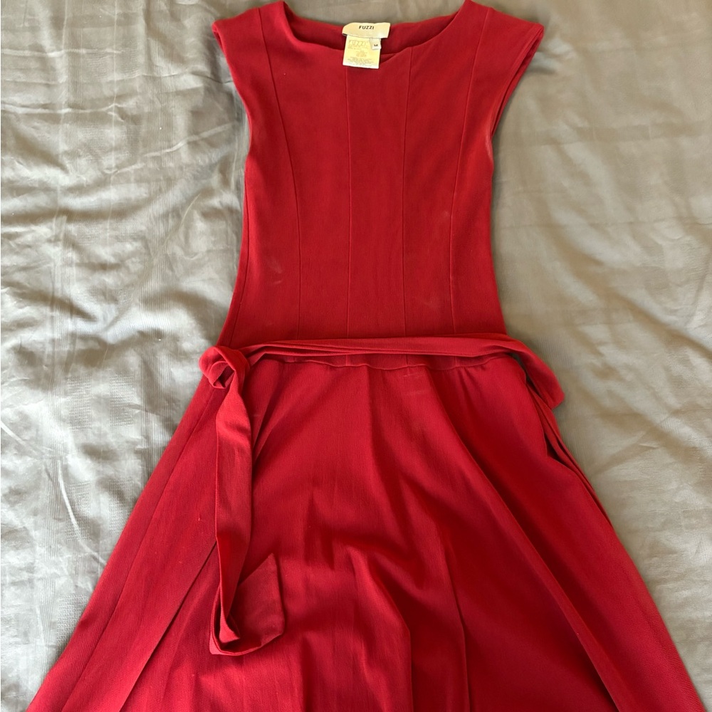 Red Pleated Sheath Midi Dress